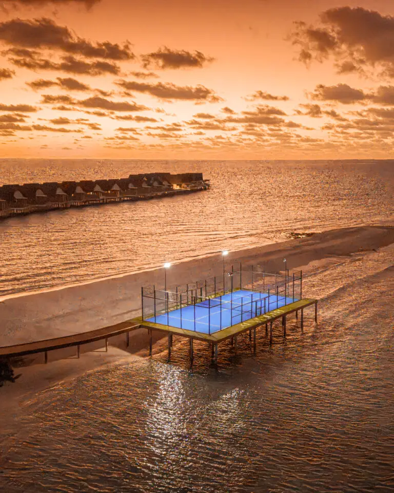 Meyyafushi Maldives overwater padel court sunset