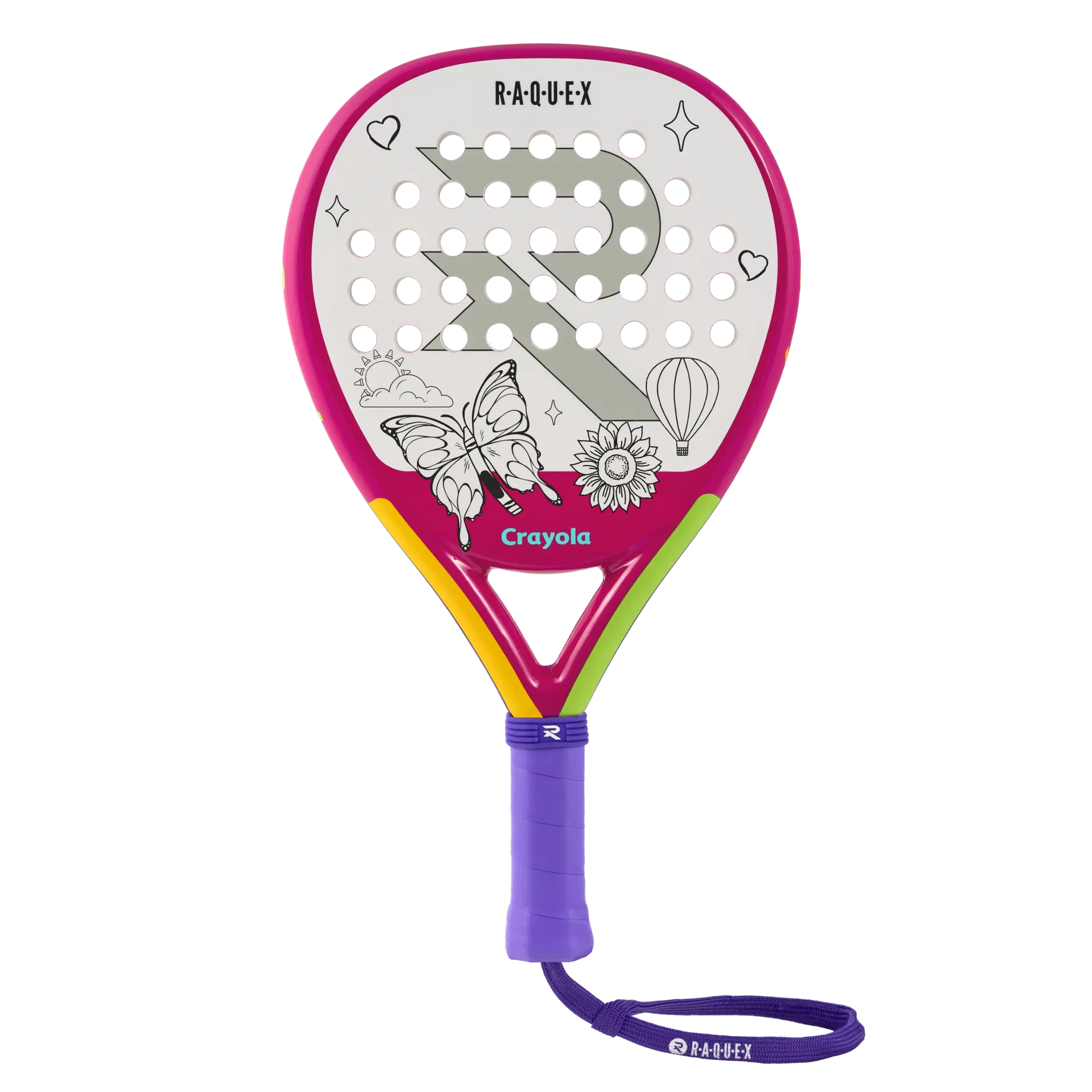 The pink Raquex x Crayola junior padel racket, with outline drawings of a butterfly, a sunflower and a hot-air balloon on a white face