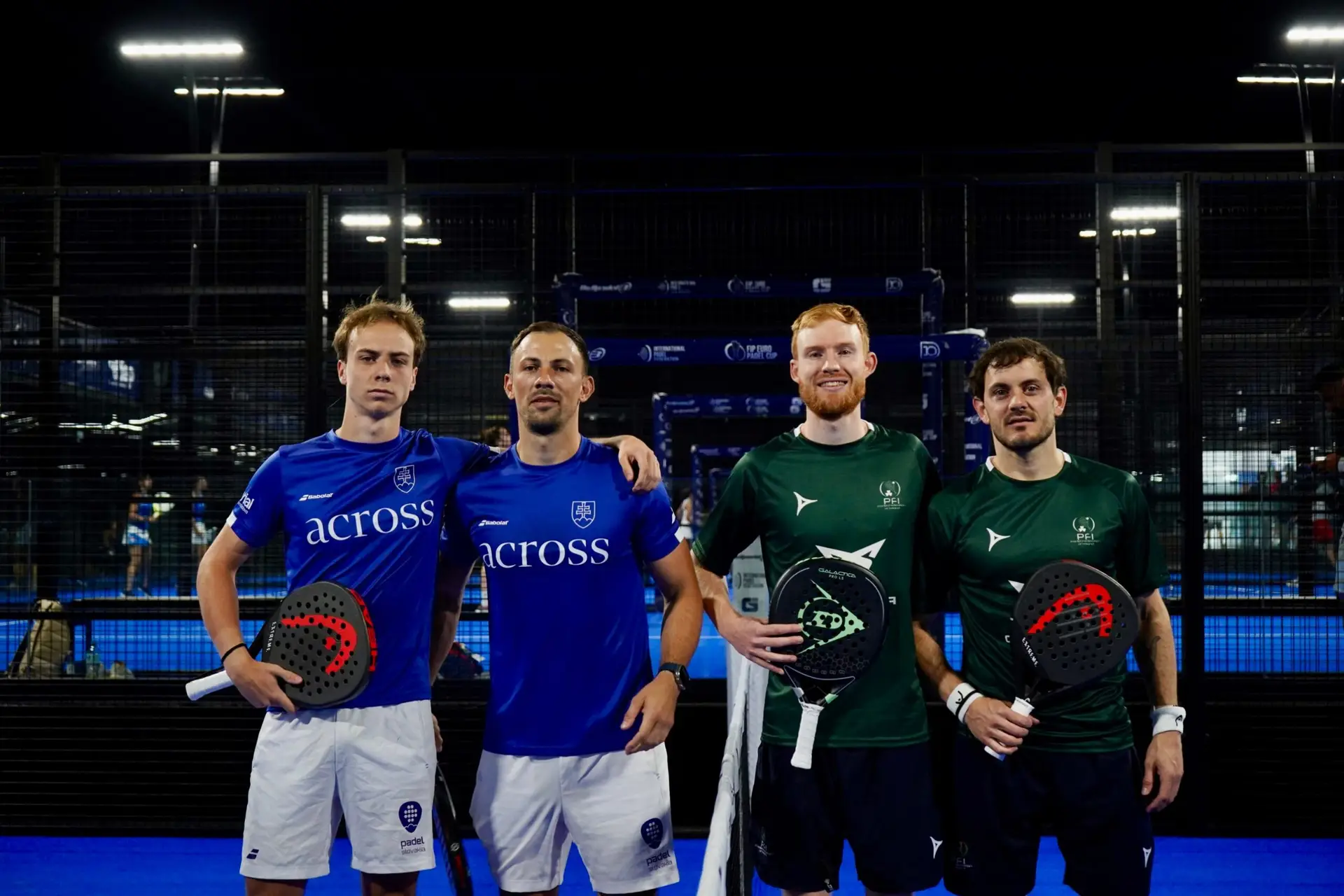 Louis Jarrold (second from right) with an Ireland teammate and two Slovakia players before a match at the FIP Euro Padel Cup