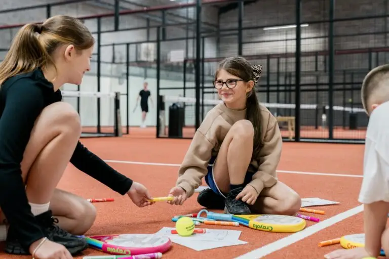 Two girls sitting on an indoor padel court pass a marker between them, with Raquex x Crayola junior rackets and markers on the floor