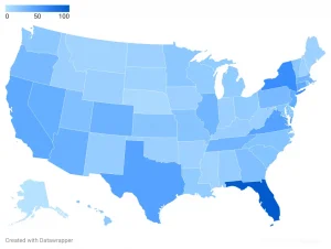 Search Interest in 2025 on map of US by state